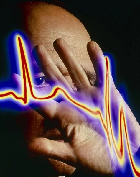 Heart disease: hand held up to irregular ECG trace