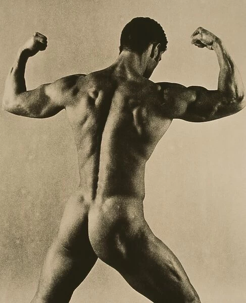 Nude man. MODEL RELEASED. Nude man flexing his arms, seen from behind
