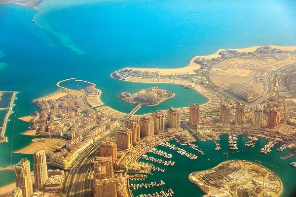 Aerial view of the Pearl-Qatar, the luxurious modern artificial island in the Persian