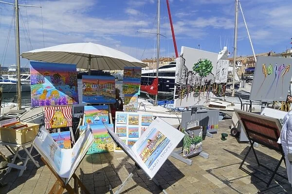Art for sale by the harbour, Saint Tropez, Var, Cote d Azur, Provence, France, Mediterranean