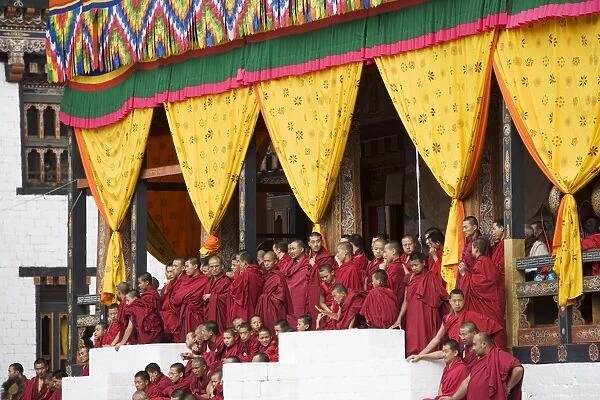 Buddhist monks watching festival (Tsechu), Trashi Chhoe Dzong, Thimphu, Bhutan, Asia