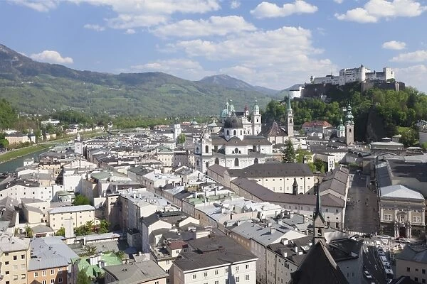 High angle view of the old town with Hohensalzburg Fortress, Dom Cathedral and Kappuzinerkirche Church, UNESCO World Heritage Site, Salzburg, Salzburger Land, Austria, Europe