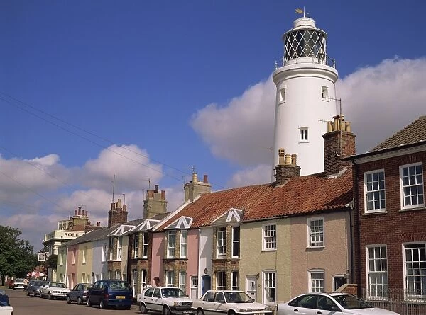 Lighthouse behind terraced houses, Southwold, Suffolk, England, United Kingdom, Europe