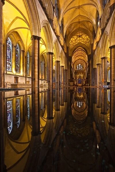 Looking across the font of Salisbury cathedral, Wiltshire, England, United Kingdom, Europe