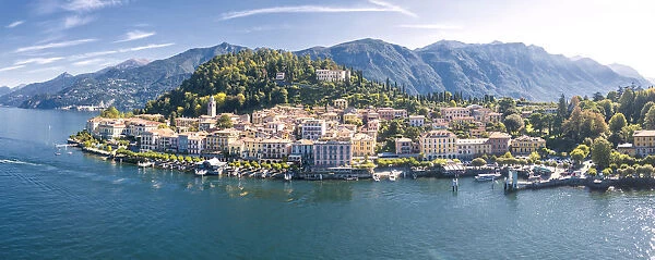 Panoramic aerial view of Bellagio on green promontory on the shore of Lake Como, Province of Como