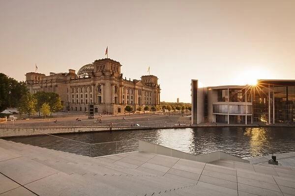Reichstag Parliament Building at sunset, The Paul Loebe Haus building, Mitte, Berlin