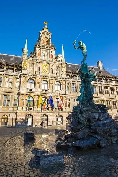 Stadhuis (city hall) and statue of Silvius Brabo on Grote Markt square, Antwerp, Flanders