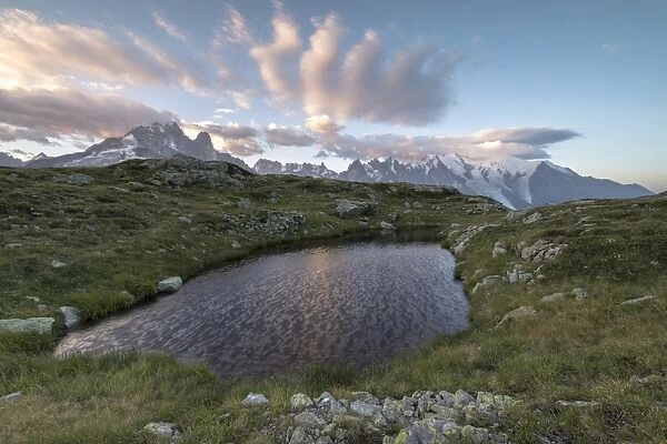 Sunrise on Mont Blanc massif seen from Lacs De Cheserys, Chamonix, Haute Savoie, French Alps