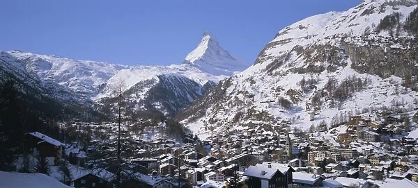 The town of Zermatt and the Matterhorn mountain