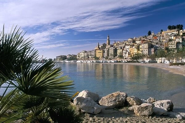 View across bay to the old town, Menton, Alpes-Maritimes, Cote d Azur