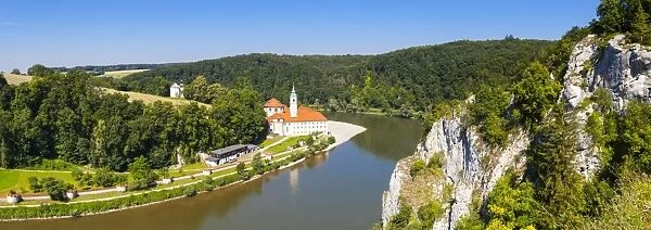 Elevated view over Weltenburg Abbey & The River Danube, Lower Bavaria, Bavaria, Germany
