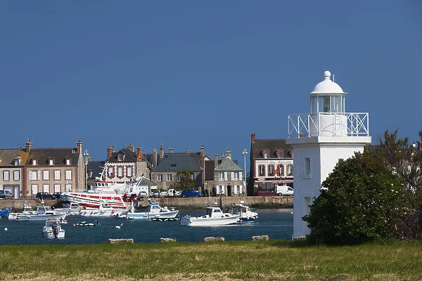 France, Normandy Region, Manche Department, Barfleur, town harbor with small lighthouse