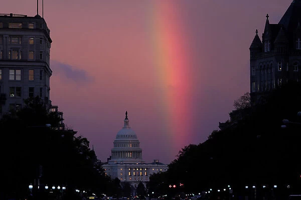 A rainbow forms over the U. S. Capitol as evening sets on midterm Election Day in