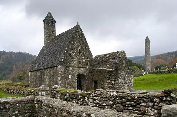 Early Medieval monastic buildings, St. Kevins Church and Round Tower, Glendalough Monastic Site