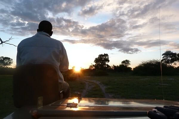 Spotter sitting at front of safari vehicle at dusk, Okavango Delta, Botswana
