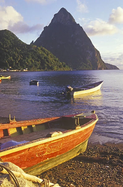 Fishing boats and Petit Piton, Souffriere, St Lucia, Caribbean