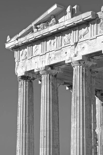 Greece, Athens. Black and white detail on corner of the Parthenon