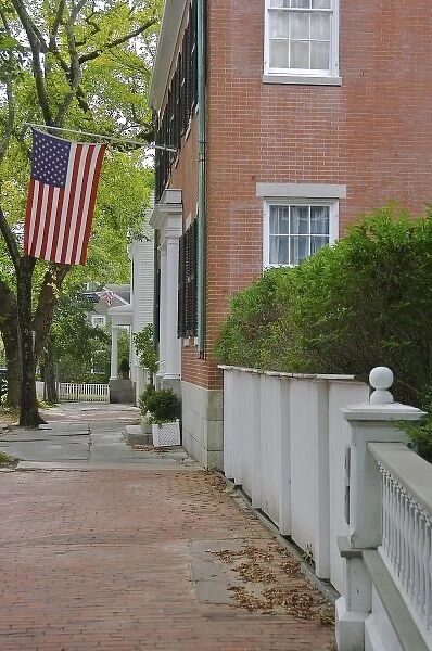USA, Massachusetts, Nantucket. A view down a Nantucket sidewalk