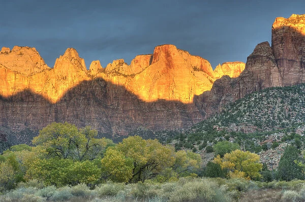 West Temple, Altar of Sacrifice, and Sundial at sunrise, Zion National Park, near Springdale