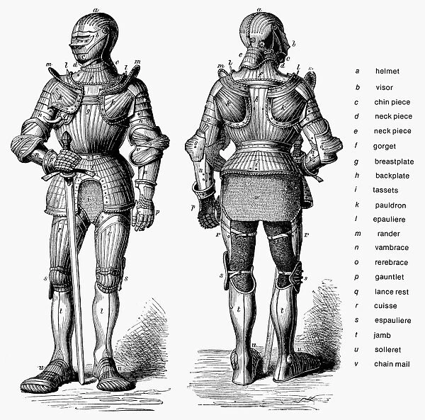 17th century suit of armor. Line engraving