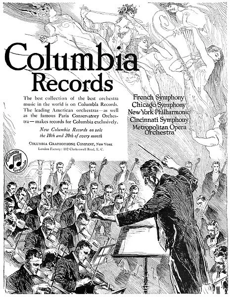 AD: COLUMBIA RECORDS, 1919. American advertisement for Columbia Records orchestra albums
