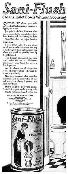 AD: SANI-FLUSH, 1918. American advertisement for Sani-Flush toilet bowl cleaner
