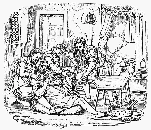 An amputation performed in the home. Line engraving after a woodcut from a surgical manual published in 1592