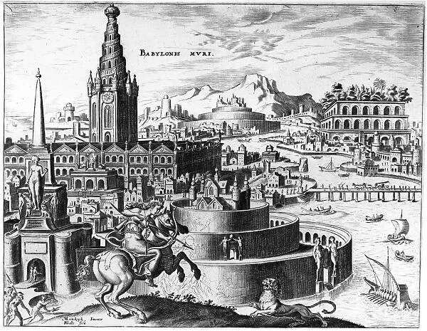 BABYLON: HANGING GARDENS. The city of Babylon and the hanging gardens, one of the Seven Wonders of the World. Engraving from Diversarum Imaginum Speculativarum, published by Joannes Gallaeus at Antwerp, 1638