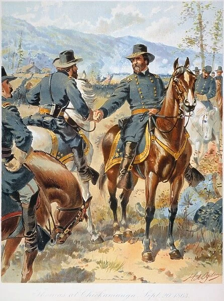 BATTLE OF CHICKAMAUGA 1863. General George Henry Thomas at the Battle of Chickamauga, Georgia, 19-20 September 1863. Lithograph, 1897, after Henry Alexander Ogden