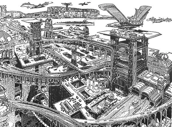 BIEDERMAN: FUTURISTIC CITY. A city of the future. Drawing, 1916, by Louis Biedermann