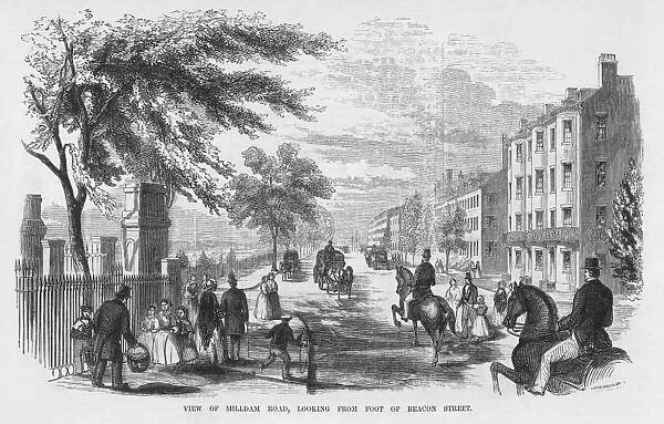 BOSTON, MASSACHUSETTS. View of Milldam Road, looking from foot of Beacon Street. Wood engraving, 1855