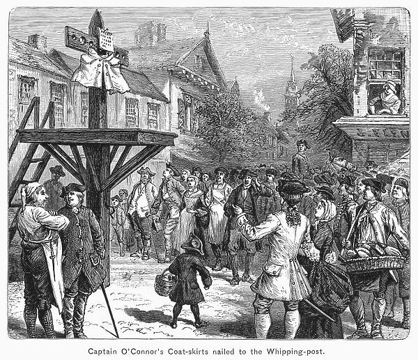 BOSTON TEA PARTY, 1773. Captain O Connors coat-skirts nailed to the whipping post after he was caught attempting to salvage some of the tea thrown into the harbor for his own gain. Line engraving, 19th century