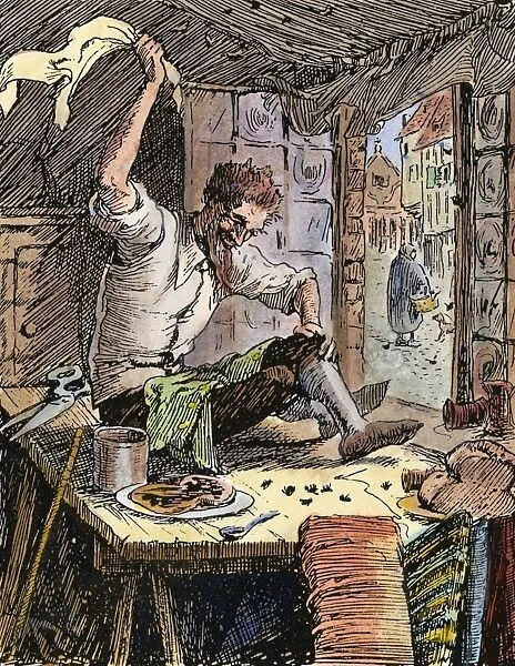 BRAVE LITTLE TAILOR, 1891. The tailor about to kill seven flies in one blow. Illustration