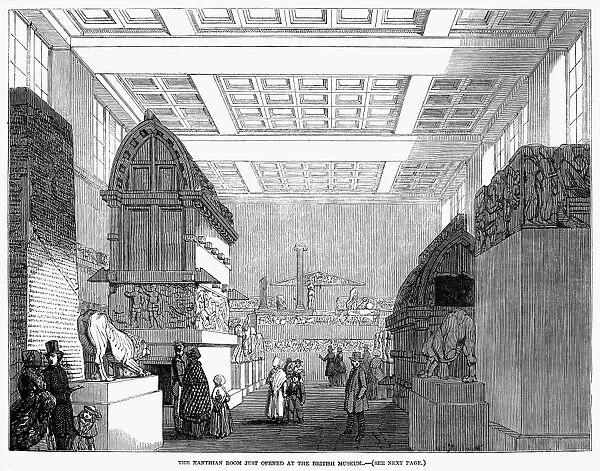 BRITISH MUSEUM, 1848. Scene in the Xanthian Room at the British Museum, London, England, shortly after its opening. Wood engraving, 1848