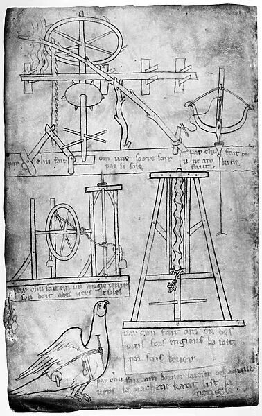 (c1225-c1250). French architect. Page from Villards sketchbook, showing various mechanical devices