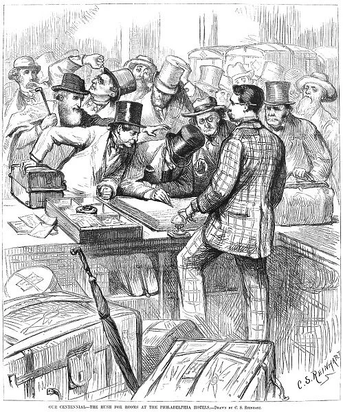 CENTENNIAL FAIR, 1876. Rush hour for rooms at a Philadelphia hotel during the Centennial Exhibition of 1876. Contemporary American wood engraving after a drawing by Charles Stanley Reinhart