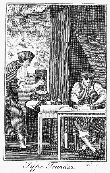 COLONIAL TYPEFOUNDER. A colonial American typefounder assisted by an indentured servant. Line engraving, late 18th century