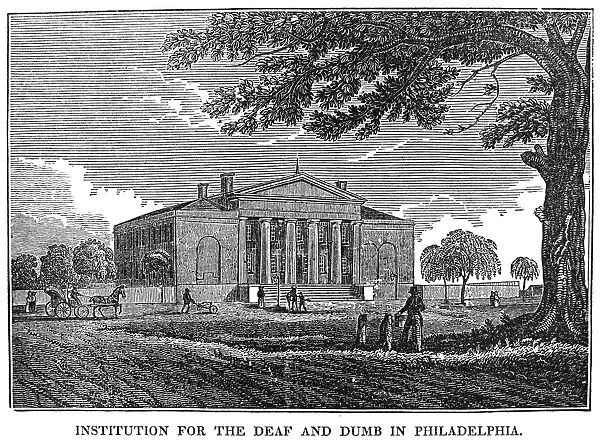 DEAF AND DUMB ASYLUM, 1824. The Institution for the Deaf and Dumb at Philadelphia, Pennsylvania, established in 1820 and built in 1824. Wood engraving, 1854