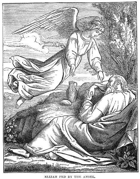 ELIJAH & ANGEL. The angel tells the prophet Elijah to eat (I Kings 19). Wood engraving, American, 1884
