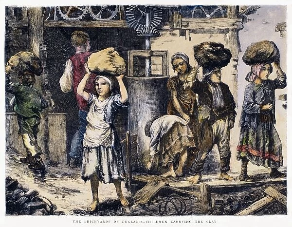 ENGLAND: CHILD LABOR, 1871. Child laborers carrying clay in an English brickyard. Wood engraving, English, 1871
