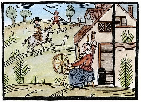 ENGLAND: DAILY LIFE. A housewife spins outside her cottage as a gentleman goes hunting for deer