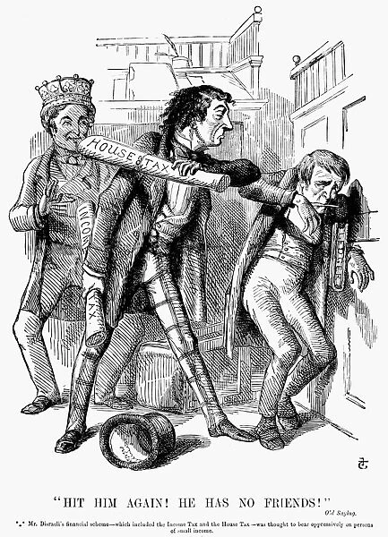 ENGLISH TAX CARTOON, 1852. Hit him again! He has no friends