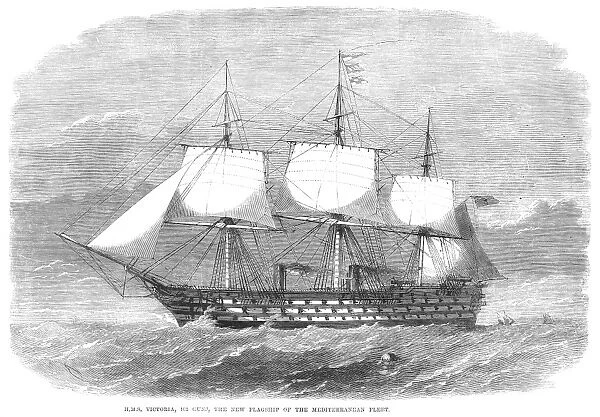 ENGLISH WARSHIP, 1864. HMS Victoria, the new steam-and-sail flagship of the English Mediterranean fleet, the largest wooden warship ever constructed. Wood Engraving, English, 1864