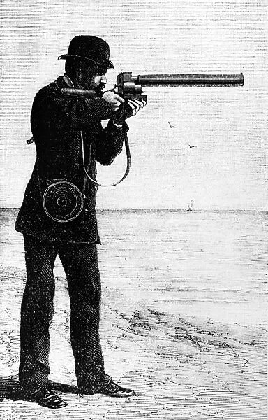 ETIENNE MAREY (1830-1904). Etienne-Jules Marey. French physiologist. Mareys rifle, 1882, a portable motion picture camera, which could take 12 frames of a bird in flight. Contemporary French wood engraving