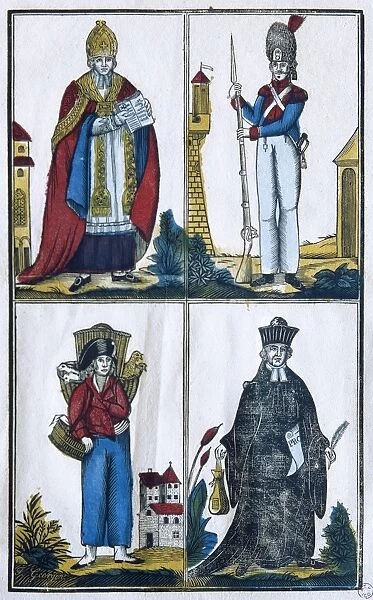 FRANCE: CLASSES, c1822. The four social classes of France: church, military, peasant, and law. Stencil-colored wood engraving, 1822-8, from Images d Epinal, published by Jean-Charles Pellerin at Epinal, France