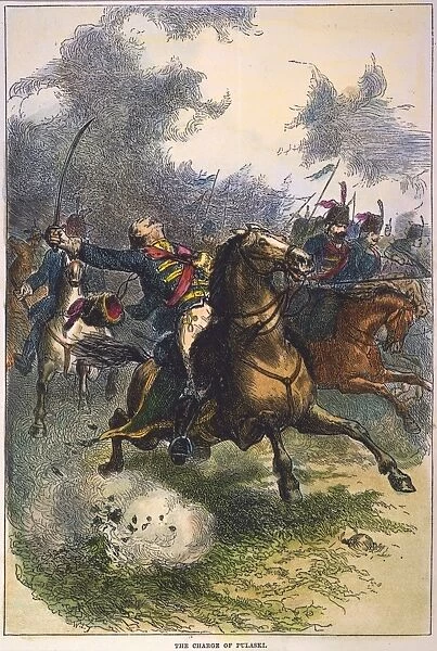 General Casimir Pulaski mortally wounded at the Battle of Savannah, 9 October 1779. Color American engraving, 19th century