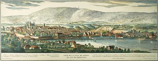 GENEVA, SWITZERLAND, 1780. View of Geneva, Switzerland: colored engraving, 1780