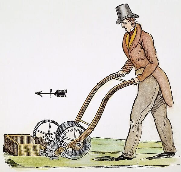 GRASS MOWING MACHINE, 1830. The first grass mowing machine, with grass catcher, invented by Edwin Budding, c1830: line engraving, English, 19th century