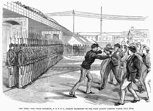 GREAT RAILROAD STRIKE, 1877. New York States National Guard taking possession of the West Albany freight yards during the Great Railroad Strike, 24 July 1877. Wood engraving from a contemporary American newsaper