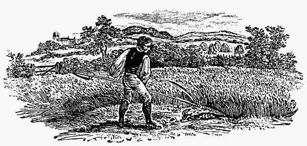 HARVESTING, c1800. Reaping with a scythe. Wood engraving, English, c1800